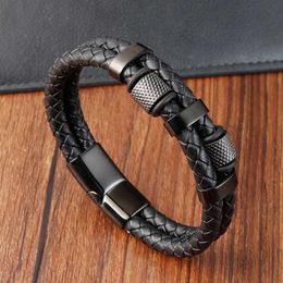 Bangle Mens charm woven rope stainless steel magnetic buckle genuine leather and bracelet mens and womens jewelry Q240522