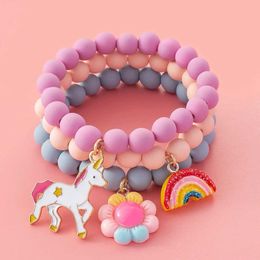 Jewelry Simple Candy Color Bracelet Set Cute Sunflower Rainbow Unicorn Pendant Childrens Fashion Beaded Bracelet Festival Gift WX5.21