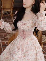 Casual Dresses 2024 Pink Floral Korea Sweet Elegant Dress Women Bandage Lace Print France Vintage Puff Sleeve Princess Kawaii Fairy