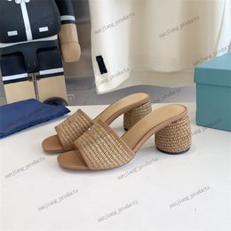 Summer straw woven Mules Slippers Slides heeled chunky block heels women Luxury Designer sandals Genuine leather outsole Casual Evening shoes triangle buckle logo