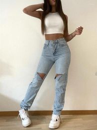 Women's Jeans 2024 Ripped High Waist Women Fashion Sexy Big Hole Loose Denim Trousers Streetwear Blue Boyfriend Style Straight Pants