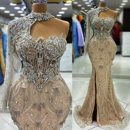 2024 Aso Ebi Champagne Illusion Mermaid Prom Dress Crystals Sexy Evening Formal Party Second Reception 50th Birthday Engagement Thanksgiving Gowns Dresses ZJ114