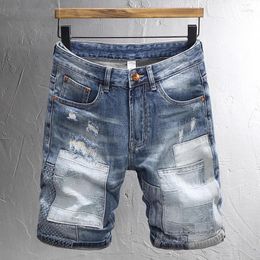 Men's Jeans Summer Fashion Vintage Men Retro Washed Blue Stretch Slim Fit Ripped Short Patched Designer Hip Hop Denim Shorts