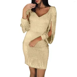 Casual Dresses Summer For Women 2024 Beach Tight Sequins Long Sleeved V Neck Sexy Nightclub Dress Women's Clothing