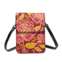 Shoulder Bags Gold And Red Flowers Cell Phone Purse Smartphone Wallet Leather Strap Handbag Women Bag