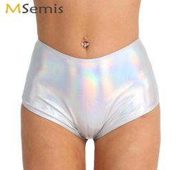 MSemis Women Party Rave Shiny Metallic Booty Shorts Sexy High Waist Back Zipper Leather Panty Pole Dance Holographic Mini Women03941559