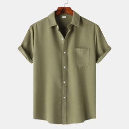 Men's Casual Shirts Army Green Short Sleeve Summer Hawaiian Beach Male Regular Fit Simple Holiday Clothing Chemise Hombre