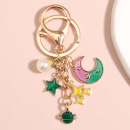 Cute Enamel Keychain Moon Star Planet Pearl Ring Universe Key Chains For Women Men Handbag Pendant Accessorie Jewelry Gifts