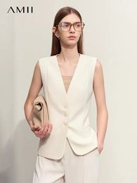 AMII Minimalism Jacket Vests for Women Spring Professional Style Vneck Slim Sleeveless Singlebreasted Blouse 12441175 240513