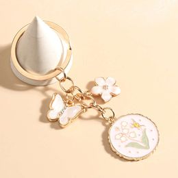 Cute Enamel Keychains Flowers Butterfly Key Rings Friendship For Women Girls Handbag Plant Jewelry Accessories