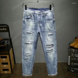 Men's Jeans Hip Hop Loose Tapered Harem Broken Cropped Pants Light Blue Clothes Kpop Patchwork Distressed Ankle Length