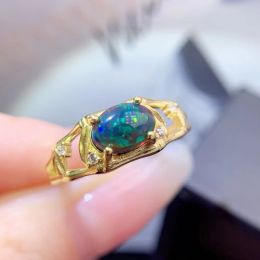 Solid 925 Silver Black Opal Ring 6mmx8mm 0.8ct Natural Dyed Opal Jewelry with 3 Layers 18K Gold Plated Gemstone Jewelry