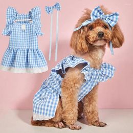 Dog Apparel Summer Clothes Bow Headdress Ruffled Sleeve Lace Hem Pullover Elegant Plaid Dress Cat Two-legged Puppy Costume