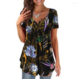 Women's T Shirts Summer Youth Elegant Button Tunic Top 2024 Casual Loose Y2k Tops Fashion V-neck Printed Short Sleeve T-shirt Women Clothing