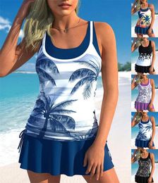 Women's Beachwear Seaside Vacation Blue Coconut Print Tankini Swimsuit Two Piece Bikini Set S-6XL