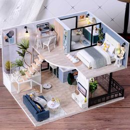 Blocks Doll House Kit 3D Wooden Mini Prefabricated Building with Furniture Set Toys for Childrens Birthday Gift DIY Handmade Fixture H240523