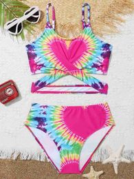 Two-Pieces Two-Pieces Girls two-piece tie dye heart-shaped print bikini childrens cross pack high waisted swimsuit 7-12 year old childrens swimsuit youth pink WX5.22