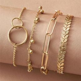 Link Bracelets Fashion Gold Plated Paperclip Chain Bangle Jewelry Circle Connect Geometric Charm Dainty Fish Bone 4 Pack Layers