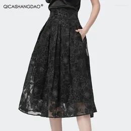 Skirts Vintage Black Floral Organza Skirt Women High Waist A-Line Pleated Midi See Through Big Swing Side Pockets Office Bottoms