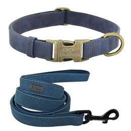 Dog Collars Leashes Personalized Collar Leash Set Customized Dogs Tag Lead With Metal Buckle Leather Padded for Small Medium Pitbull H240522