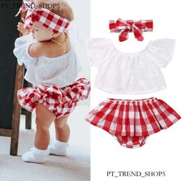 Clothing Sets Lioraitiin 3Pcs Set 0-24M Born Baby Girl Clothes Cute Summer Off Shoulder Lace Tops Red Plaid Short Dress Headband Outfit 253