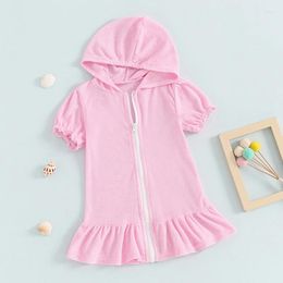 Girl Dresses Little Swim Cover Up Casual Loose Solid Color Short Sleeve Ruffled Zipper Hooded Swimsuit Toddler Bathing Suit