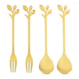 Dinnerware Sets Tableware Gold Leaf Coffee Spoon Fork 4 Pack(2 Spoons 2 Forks) Little Demitasse Espresso And Appetizer Dessert Forks S