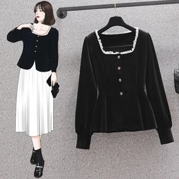 Women's Blouses S Tops Square Collar Velvet Loose Blouse Korean Shirt Women 2024 Pleated Buttons Short Sleeve Female Clothing V38