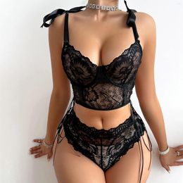 Bras Sets Lace Embroidery Women'S Sexy Lingerie Deep V Bandage Up Backless High Waist Panties Erotic Porn Underwear
