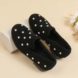 Casual Shoes Pearl Rivets Fur Flats Woman Round Toe Thick Heel Woolly Loafers Female Warm Cotton Winter Furry Moccasins Big Size 41-43