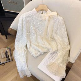 Women's Blouses Sequin Bow Shirt For Women In Spring 2024 Korean Fashion Splicing Speaker Long Sleeved Top