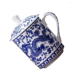 Mugs Blue White Porcelain Teacup Beverage Water Lid Portable Set Drink Household Cups Ceramics Retro Pattern Staff Coffee