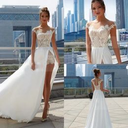 High Split Sexy Boho Dresses Sheer Neckline Short Sleeve Lace Appliqued Bridal Gowns Elegant Chiffon Beach Wedding Dress