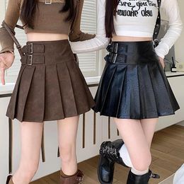 Skirts Vintage 90S Pu Leather Mini Skirt Women Y2K Black High Waist Pleated S-3Xl Summer Streetwear Korean Slim A Line