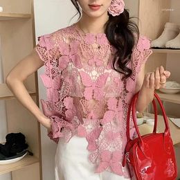 Women's Blouses 2024 Summer Embroidered Crochet Shirt Korean Fashion Hollow Out Hook Lace Vest Top Sleeveless Sheer Blouse