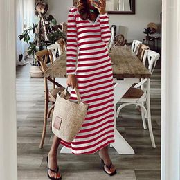 Casual Dresses Women's Fashion Striped Print Bodycon Midi Dress Autumn Winter V-neck Long Sleeve Side Split Slim Robe 2024