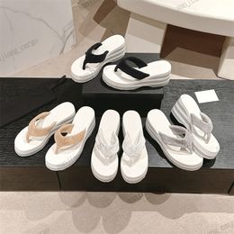 7CM Striped Foam Wedges Slipper Interlocking C Terry Thong Sandal flatform cross strap slides heels flip flop Mules summer shoes pearl camellia clover Espadrille