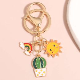 Cute Enamel Keychain Sun Rainbow Cloud Cactus Ring Plant Key Chains For Women Men Handbag Accessorie DIY Jewelry Gifts