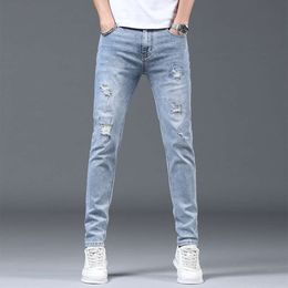 End High Jeans Spring And Autumn Season New Product Trendy Brand Elastic Slim Fit Perforated Small Leg For Men S Casual Pants