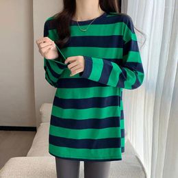 Women's T Shirts 2024 Autumn Long Sleeve Striped Cotton Tees For Female Korean Style O-Neck Block Color Woman T-SHIRT Loose Casual Tops