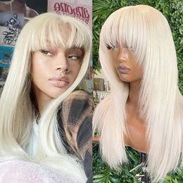 AIMEYA Platinum Blonde Synthetic Lace Front Wig for Women Natural Straight Wig with Bangs Light Blue Synthetic Hair Daily Use 240515