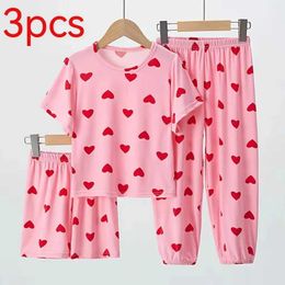 Pajamas 3-piece set for girls summer love short sleeved shorts 3-piece set for girls wara comfortable thin air-conditioned pajama set WX5.21