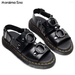 Casual Shoes Personalized Metal Ring Decorated Sandals Black Leather Buckle Round Toe Open Fashionable Women's