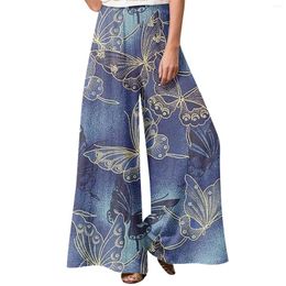 Women's Pants Comfy Pajama Pocket Butterfly Print Drawstring Wide Leg Female Chic Side Zipper Summer Long Trousers 2024