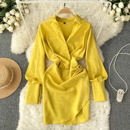 Casual Dresses Clothland Women Elegant Mini Shirt Dress Turn Down Collar Long Sleeve Yellow Royal Blue Fashion Vestido QD128