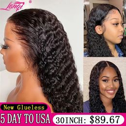 Deep Wave Glueless Wig Human Hair Ready To Wear 13x4 Curly Lace Front Human Hair Wig 250 Density Transparent Lace Frontal Wig 240515