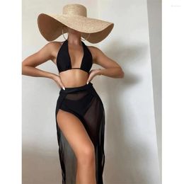 Women's Swimwear 2024 Arrival Sexy Solid 3 Piece Swimsuit With Beach Skirt Cover Up Top Halter Bikini Set For Women