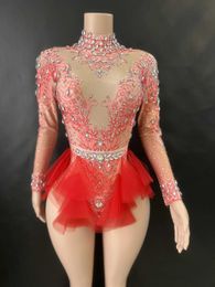 Basic Casual Dresses Sparkly Rhinestones womens tight fitting clothes elastic pink mesh pleated crystal tight fitting clothes nightclub dancers stage J240523