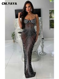 Basic Casual Dresses CM.YAYA Womens Mesh Wear Diamond Hot Diamond Sleeveless Belt Maxi Dress 2023 Sexy Party Evening Dress J240523