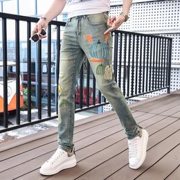 Men's Jeans Personalised Street Fashion Pumpkin Print 2024 Spring And Summer Trend Retro Casual Elastic Slim Tapered Pants